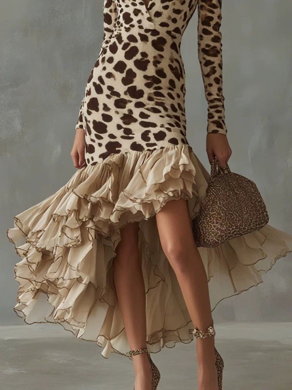 H&M Long Sleeve Digital Print Stone Texture Mesh Panel Dress